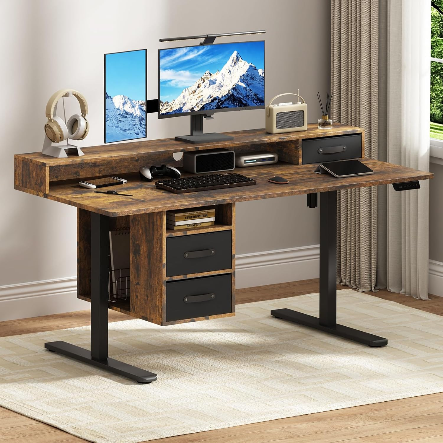 Rustic Brown Electric Standing Desk with Drawers & Adjustable Height 28-46
