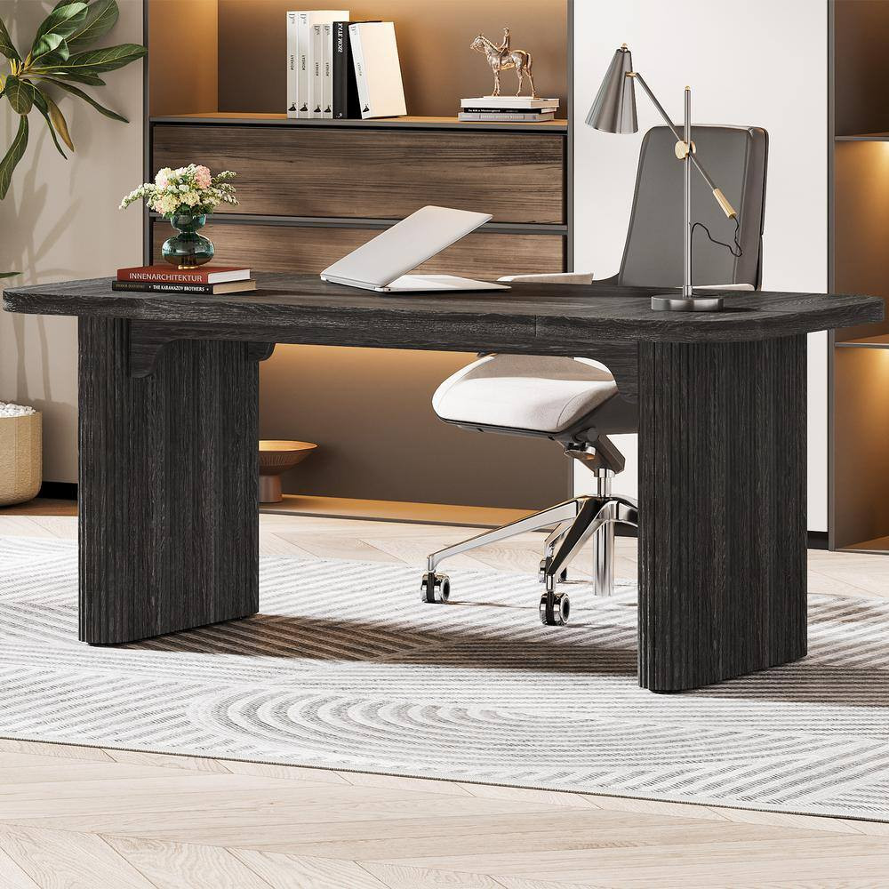 Moronia 62 In. Rectangle Black Wood Executive Desk, Computer Office Desk with Do