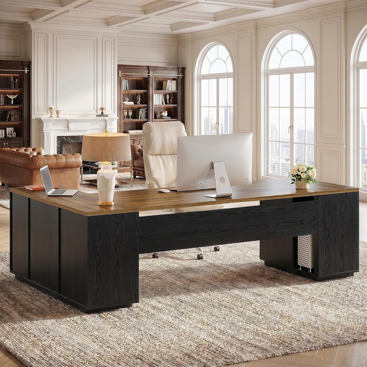 85.8-Inch Modern Executive Desk, L-Shaped Office Computer Desk with File Cabinet