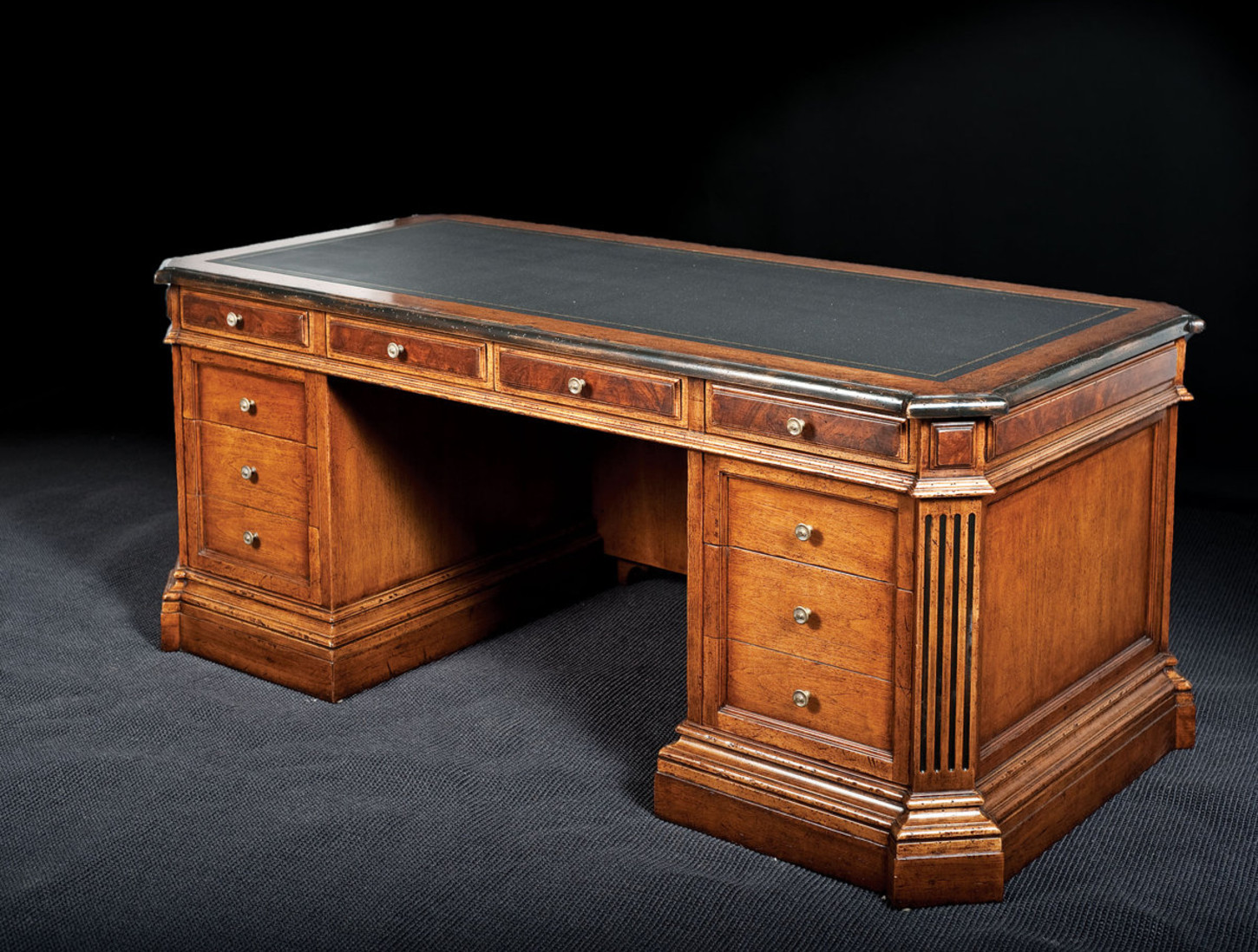 Executive Desk Handcrafted Solid Walnut Black Italian Leather Antique Office 78″