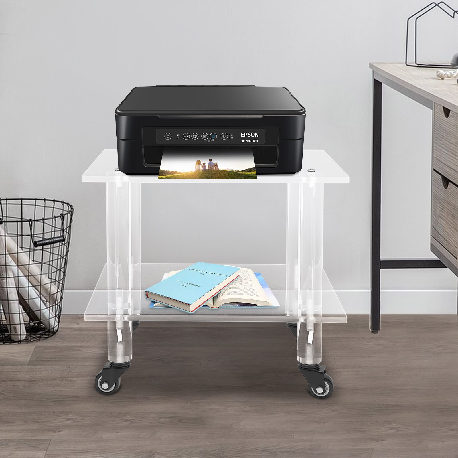 40*30*38cm Acrylic Printer Stand Movable Coffee Table Freestanding Printer Mount