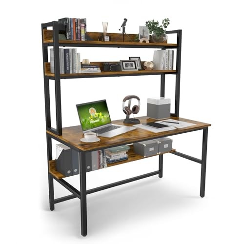 Computer Desk with Hutch, 47“W x 23.6″ D Desk with Shelves, Tall 47inch Brown