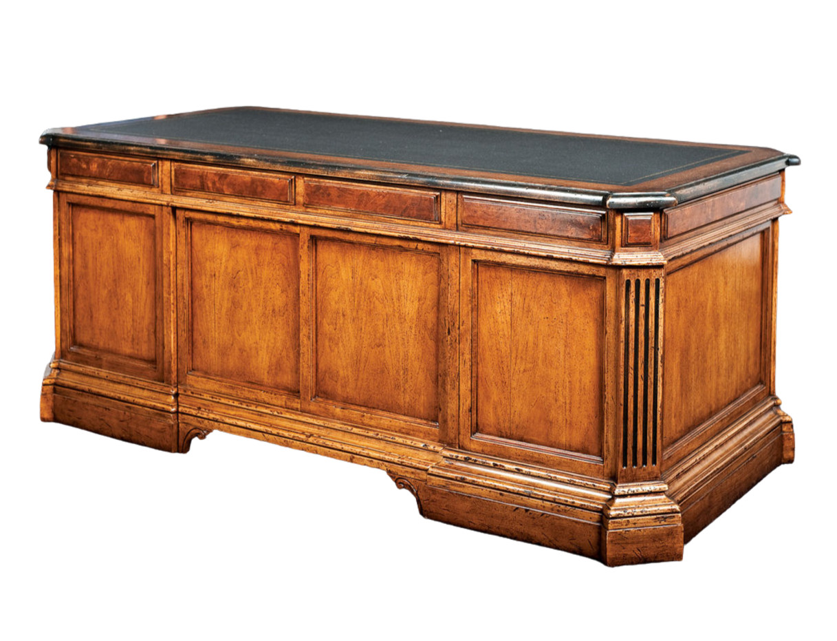 Executive Desk Handcrafted Solid Walnut Black Italian Leather Antique Office 78″