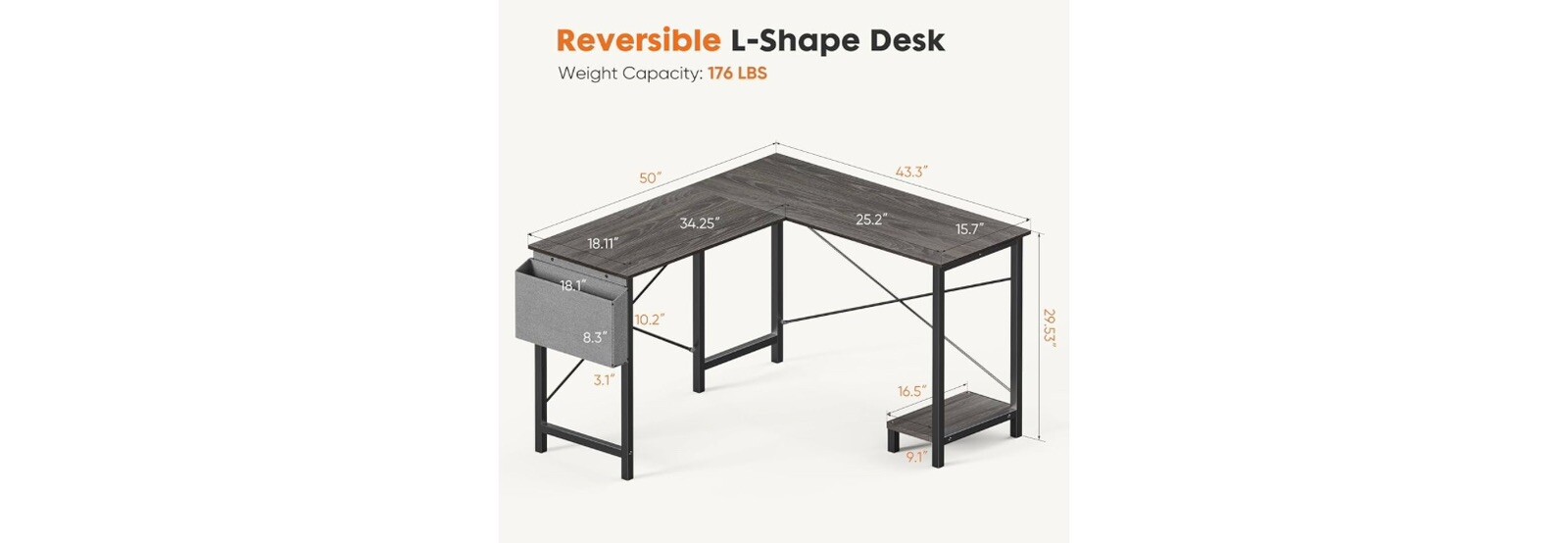 Segawe L-Shaped 66 in Computer Desk – Grey