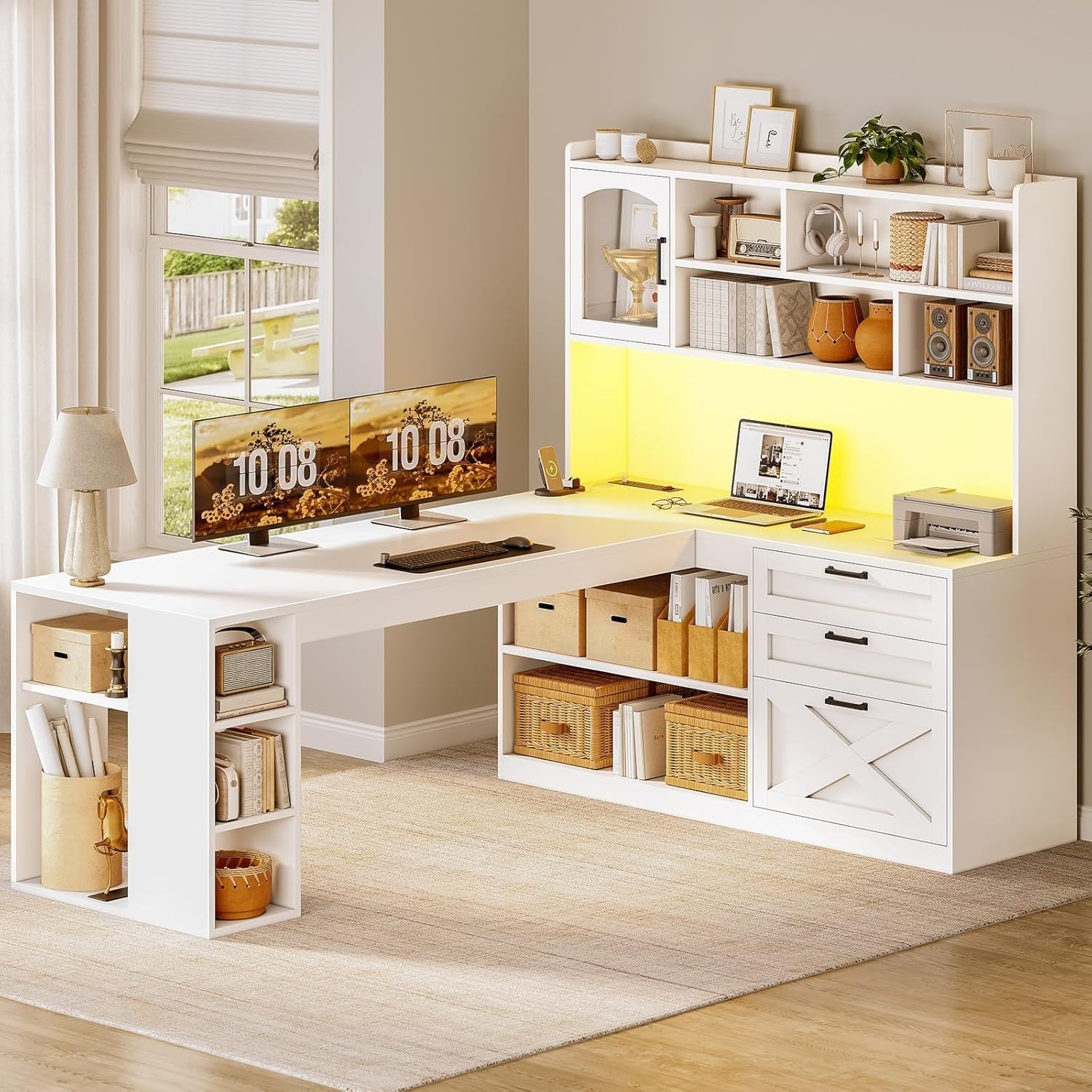Farmhouse L Shaped Office Desk with Drawers, 61″ Computer Desk w/Storage Shelves