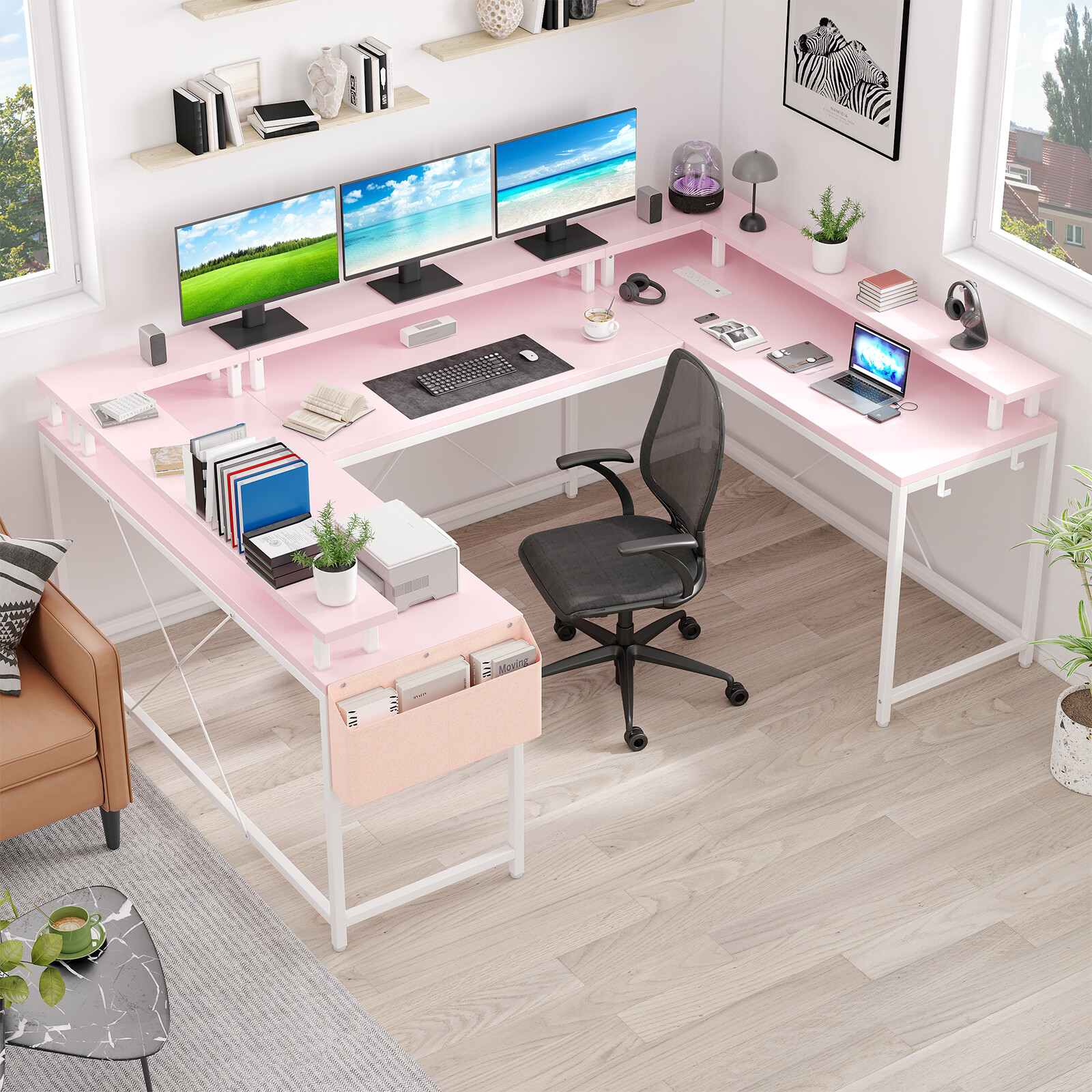 U Shaped Gaming Desk with LED Lights&Power Outlets Computer Desk for Home Office
