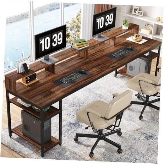 Tribesigns Two Person Desk with Monitor Stand, 78.74″ Long Double Rustic Brown