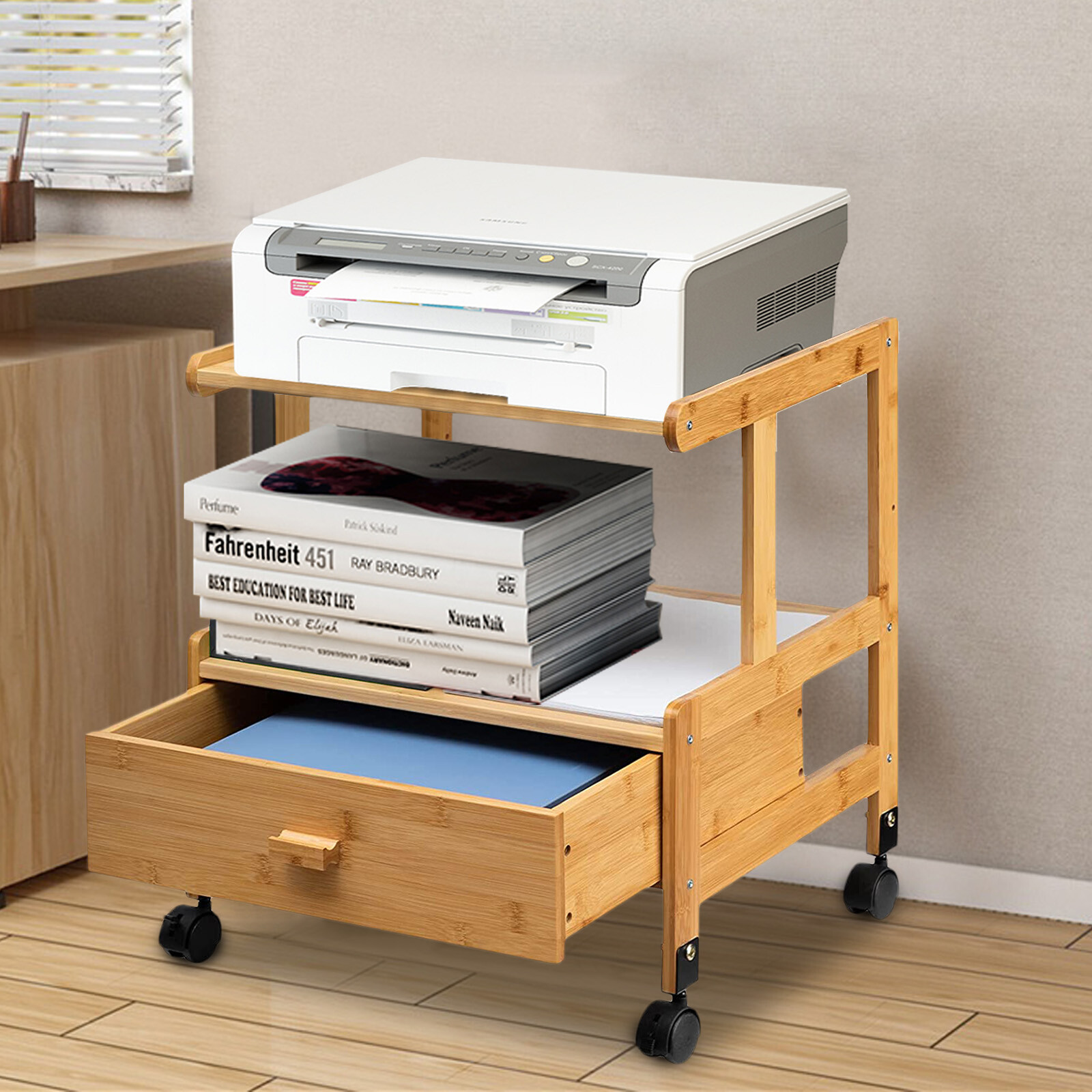 Portable Bamboo Printer Stand Wood Rolling Printer Cart With Storage Rack