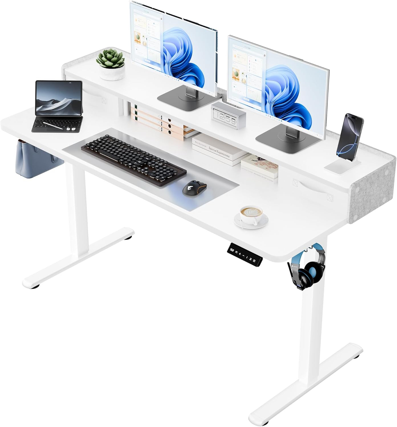 Height Adjustable 55″ Electric Standing Desk with 2 Drawers & Hooks, White