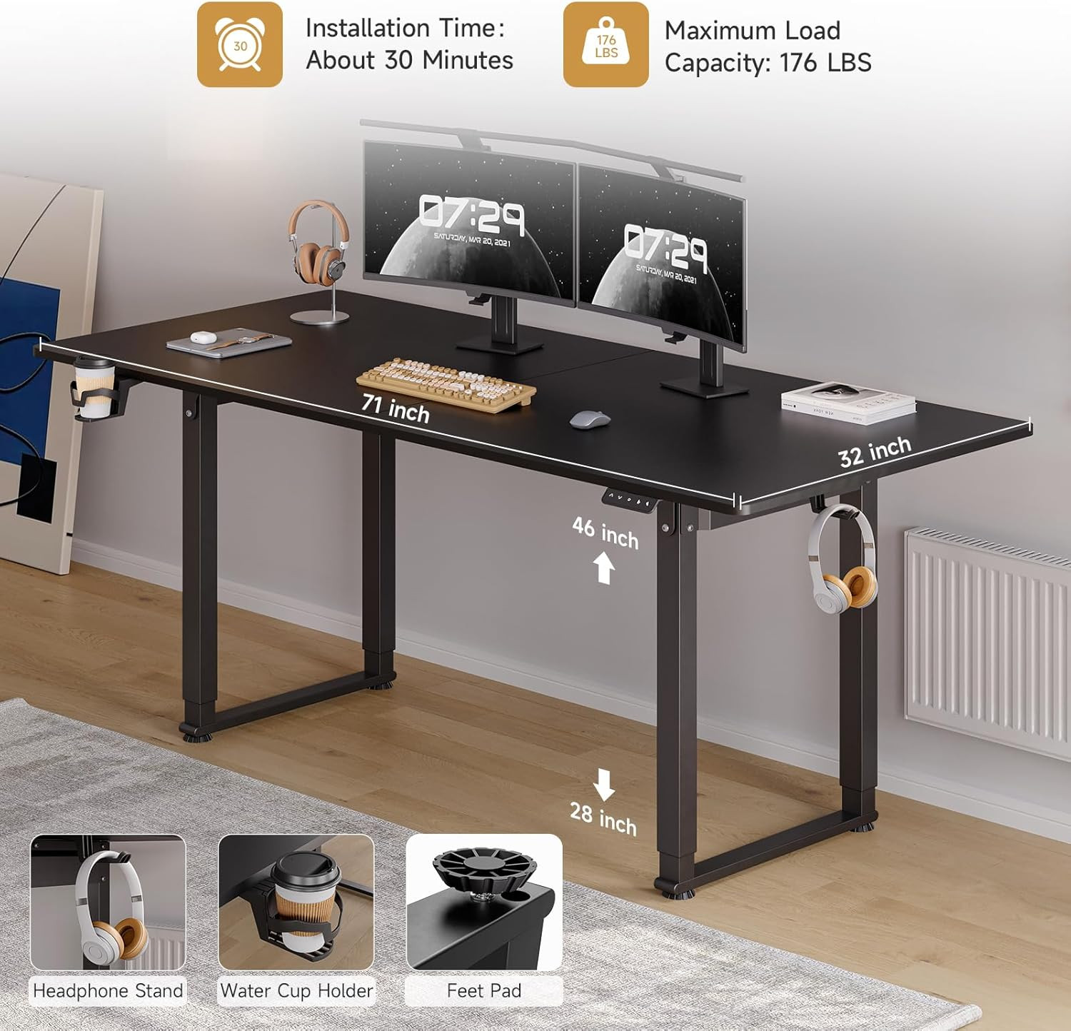 Electric Height Adjustable Standing Desk 71″x32″ with Dual Motor & Memory Preset