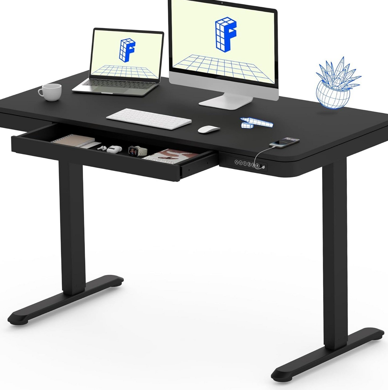 FLEXISPOT 48in Electric Standing Desk Comhar Drawer USB Sit Stand Black Walnut