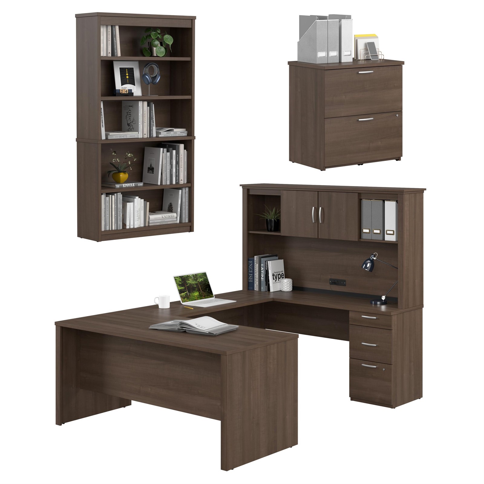 Logan U or L Shaped Desk with Storage Set in Antigua – Engineered Wood