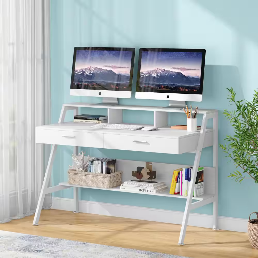 Moronia 47.24 In. Rectangle White Wood Computer Desk with Storage Shelf, 2-Drawe