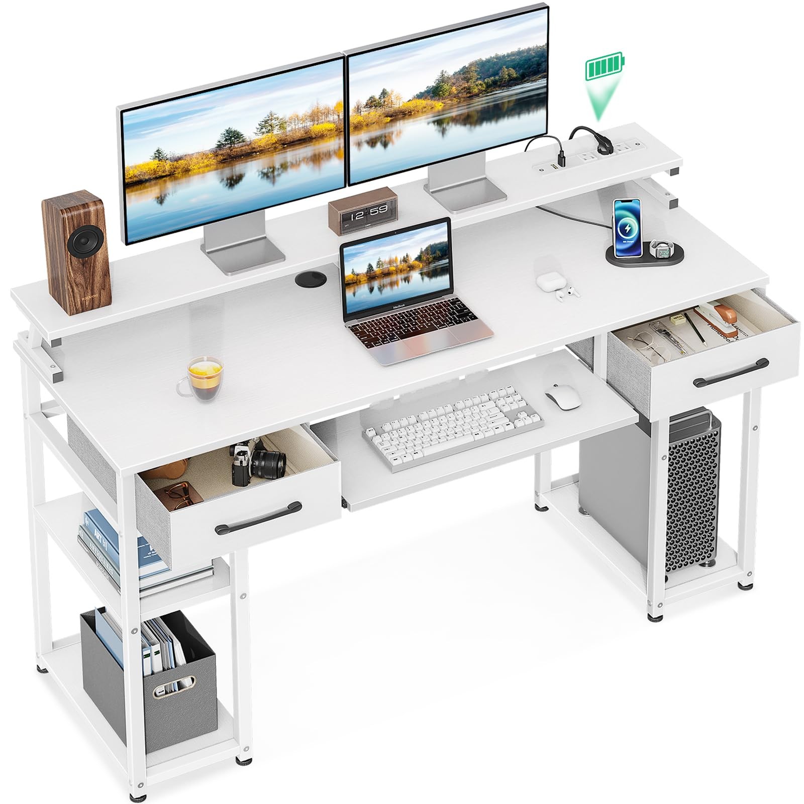 Computer Desk with Drawers, 55 Inch Office Desk with Power Outlet and Keyboar…