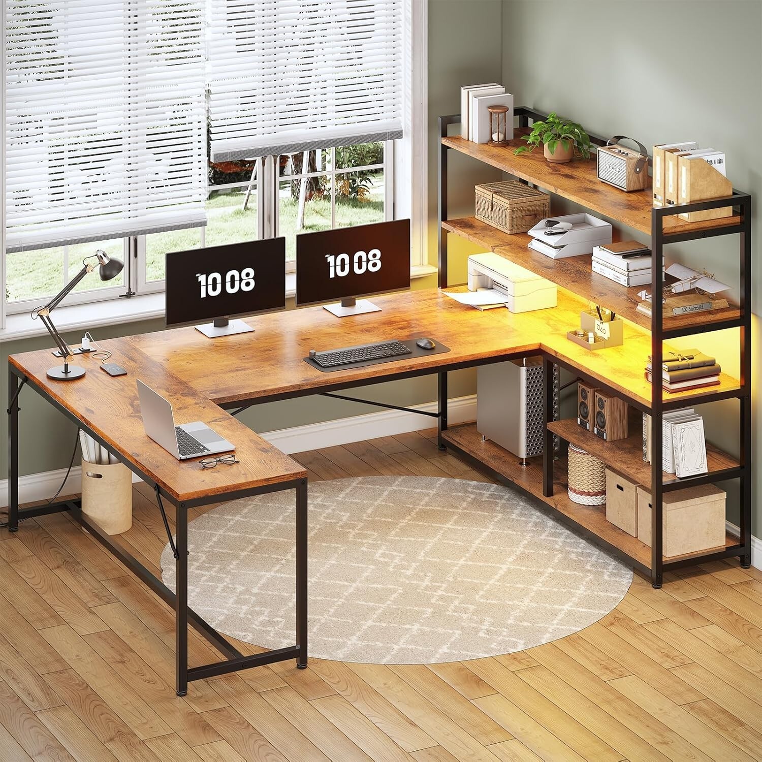 L Shaped Computer Desk, 63″ Reversible Office Desk w/Storage Shelves &LED Lights