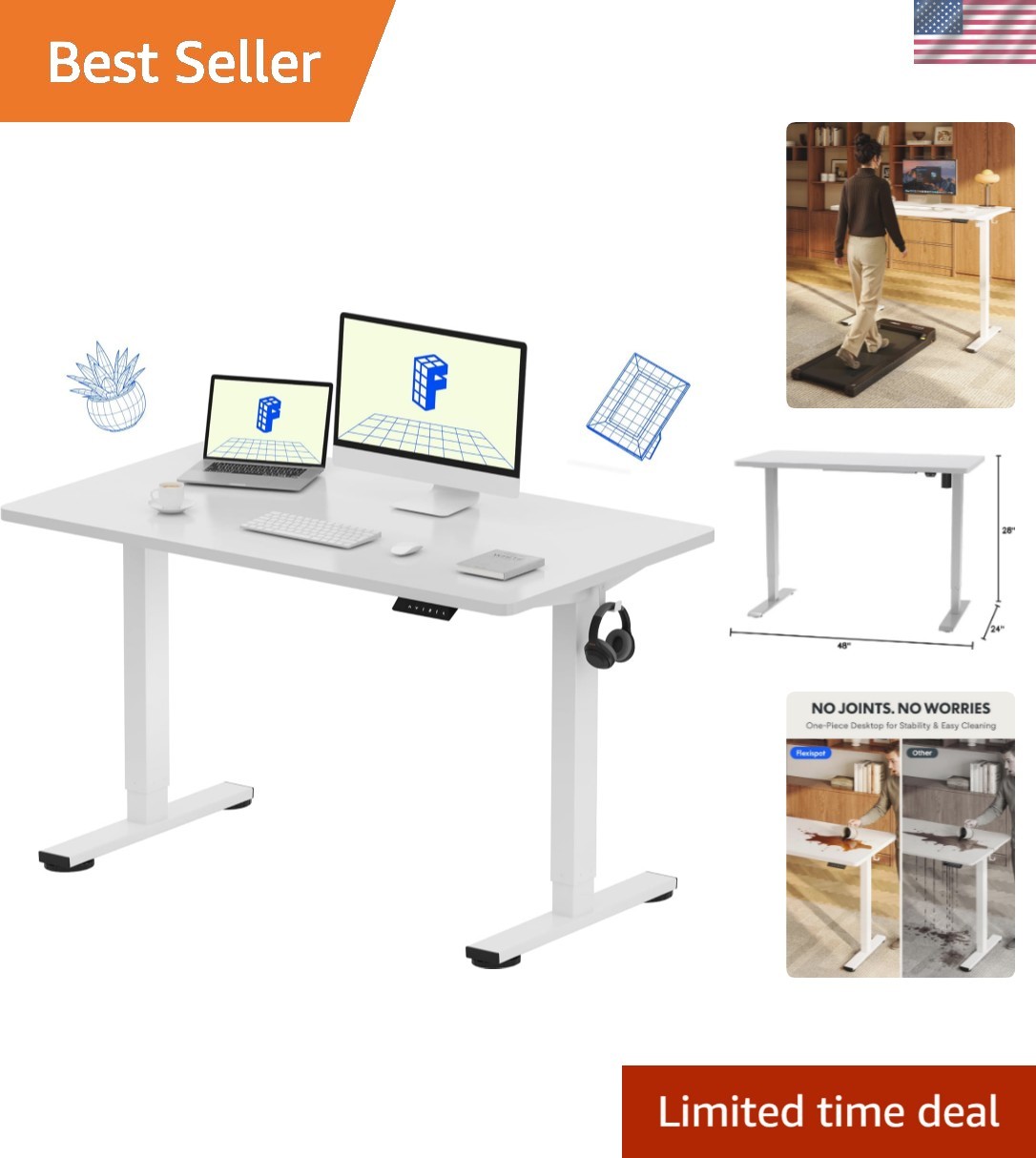EN1 One-Piece Standing Desk, 48″x24″ Seamless Desktop Electric Height Adjusta…