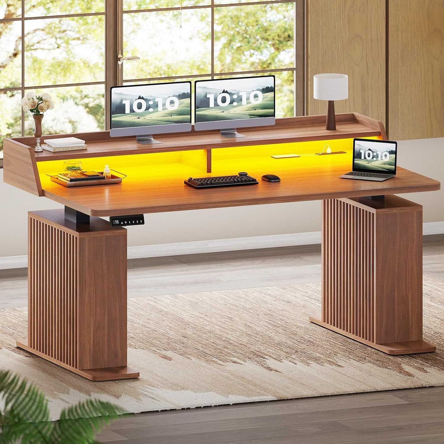55″ Standing Desk with Storage&LED Light, Height Adjustable Fluted Stand Up Desk