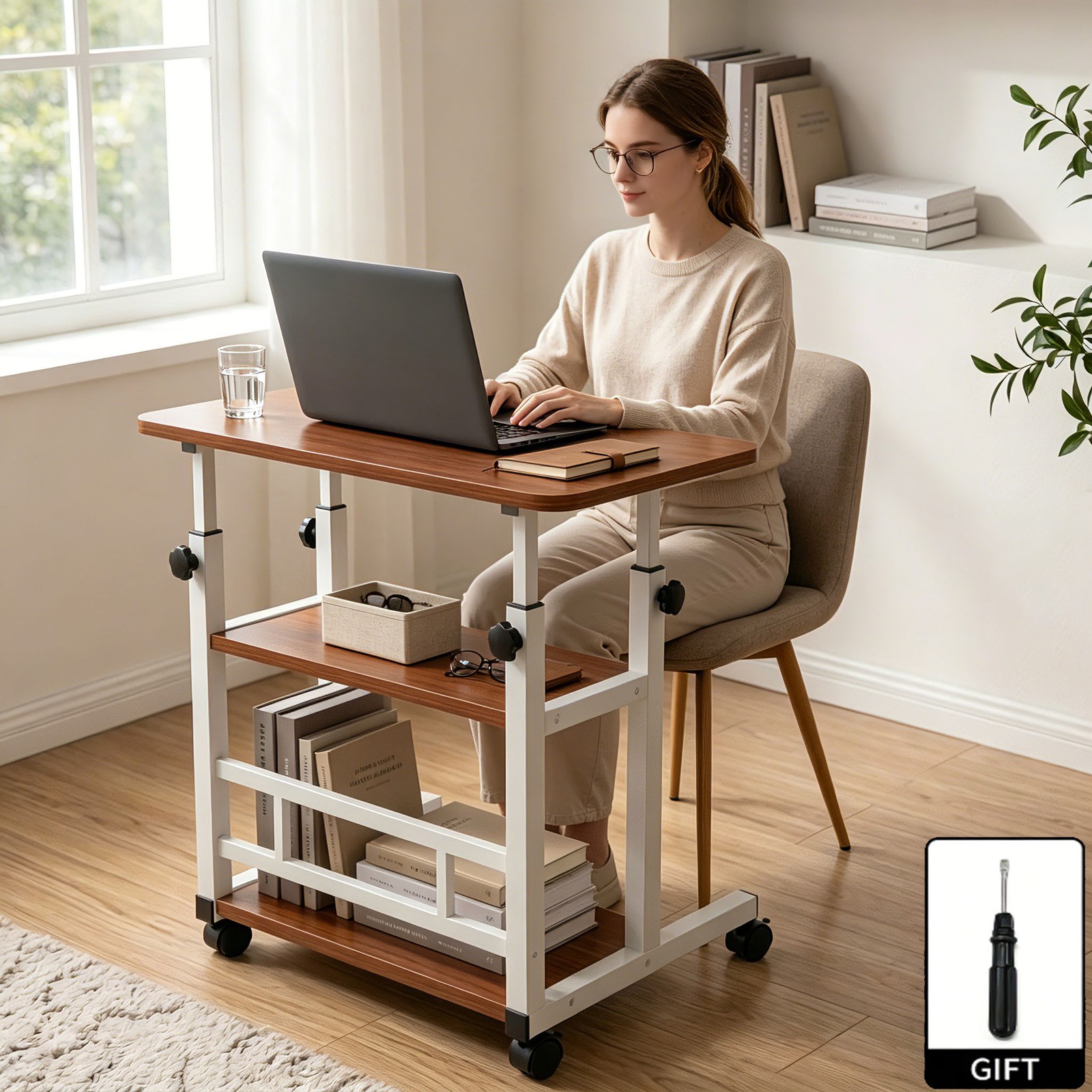 Height Adjustable Computer Desk w/ Storage Shelf Wheels Mobile Desk 3tier WALNUT