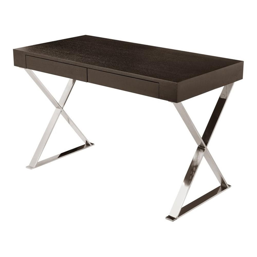 Pemberly Row Modern Wood Veneer & High Polished Steel Desk in Espresso
