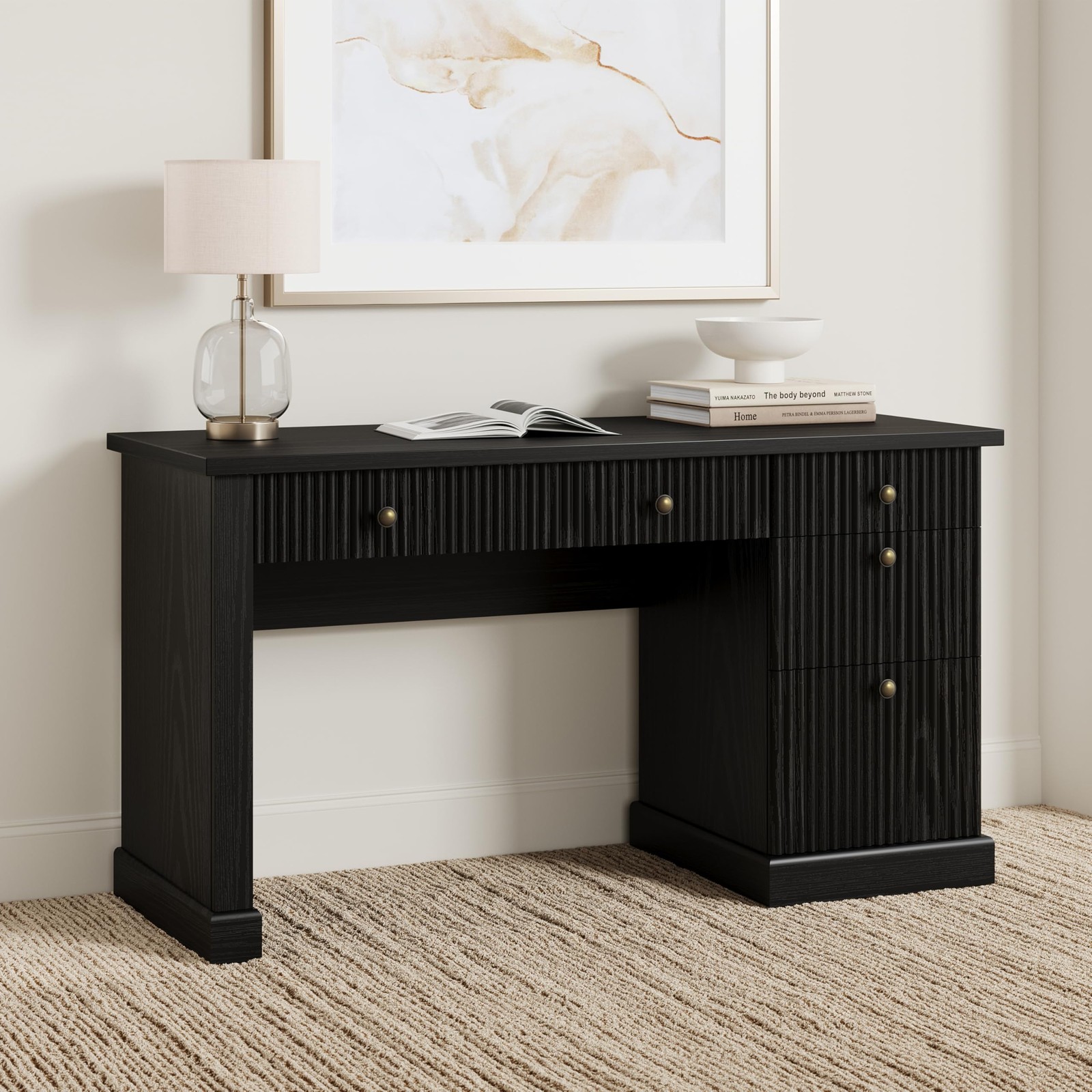 Fluted Home Office Desk Modern Executive Desk with Charging Station & Drawers