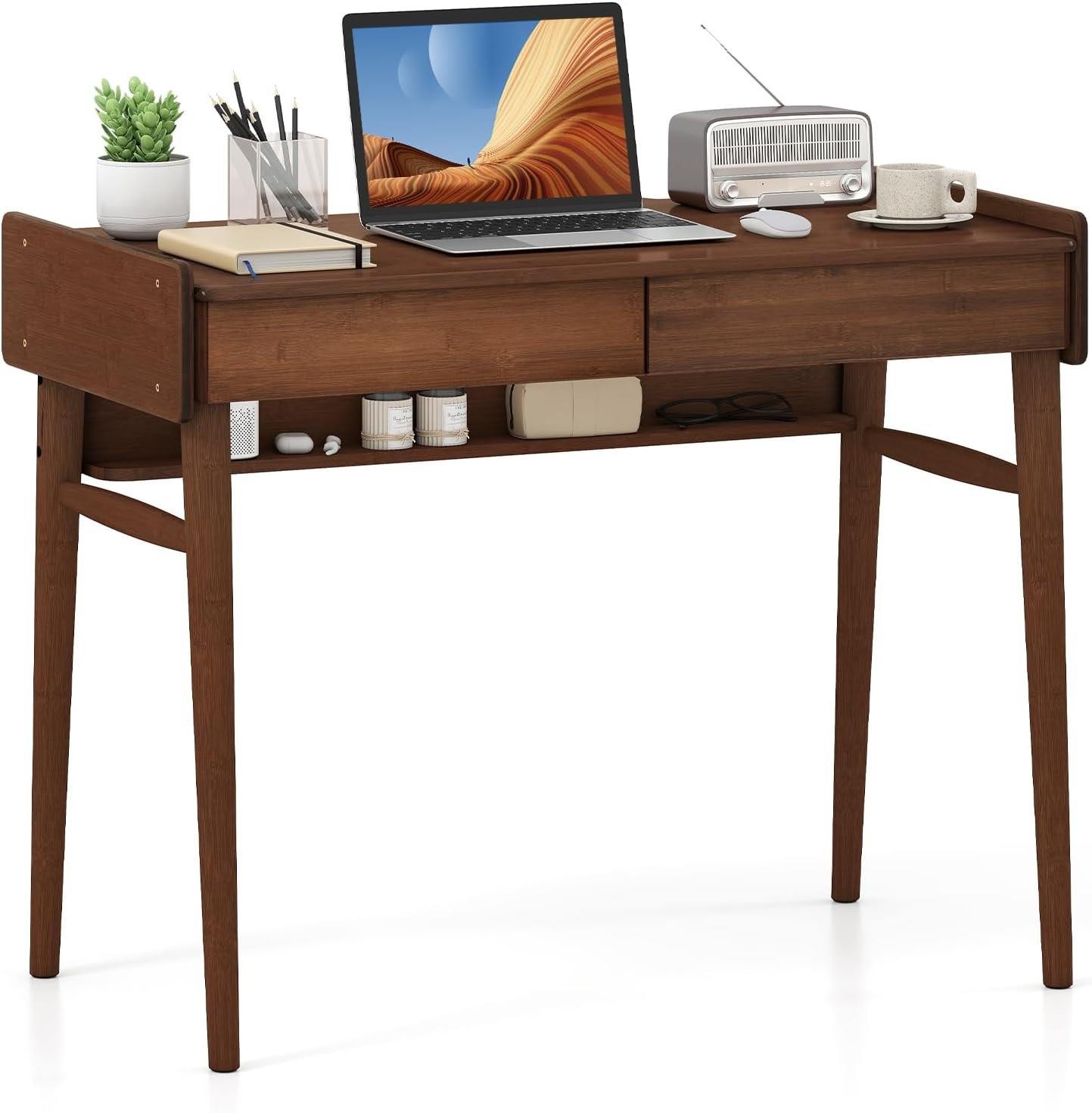 Mid Century Modern Bamboo Desk with Drawers & Open Shelf – Walnut Finish