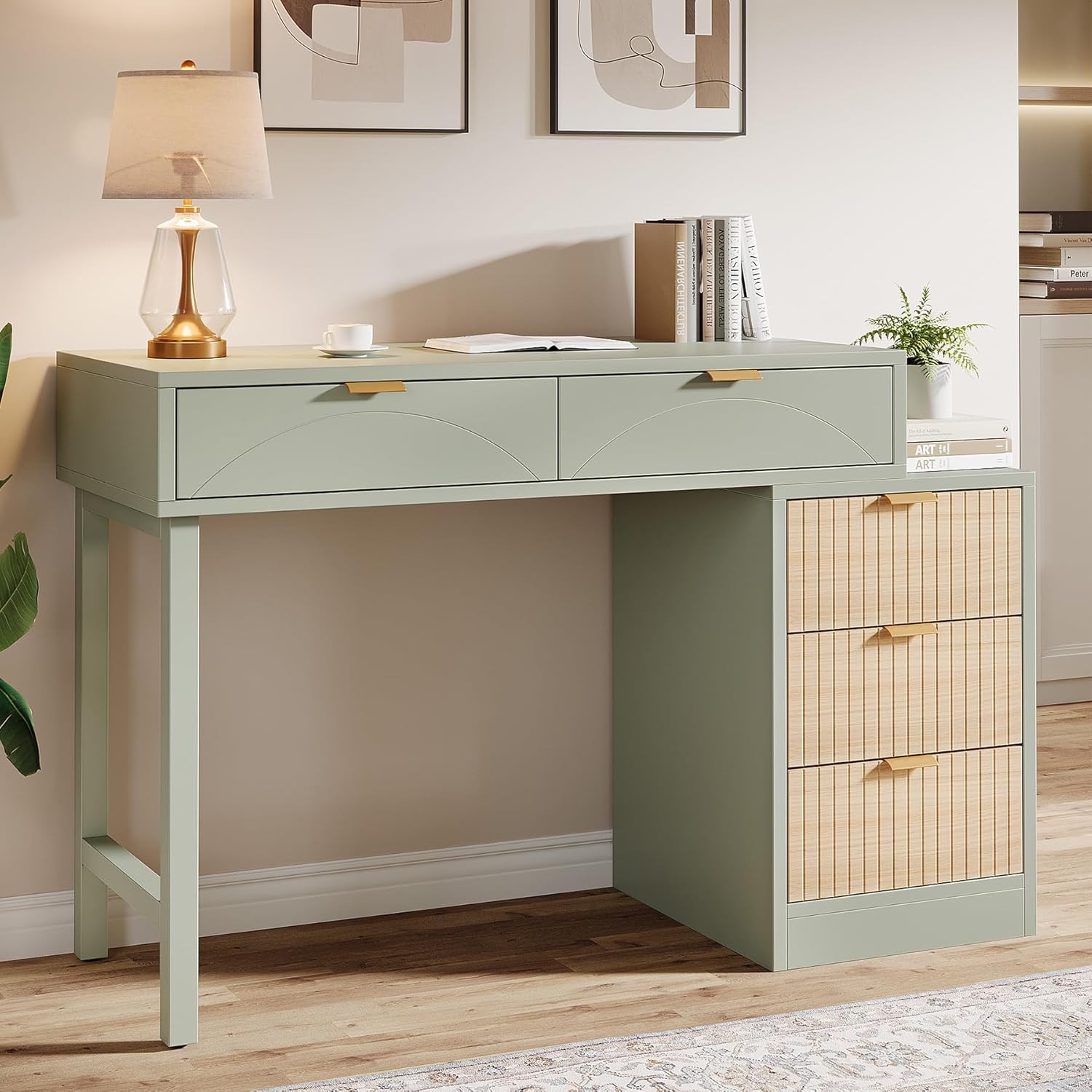 Modern Computer Desk with 5 Drawers, Reversible Small Writing Desk with Storage