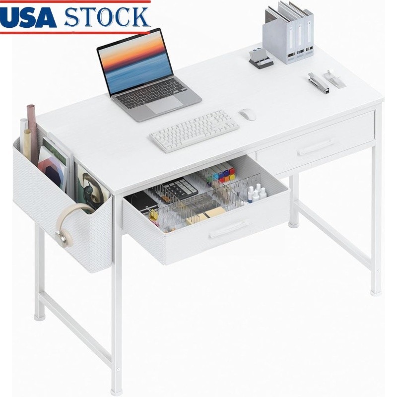 Modern Compact Computer Desk W/ Dual Fabric Drawers Bedroom & Study Room New
