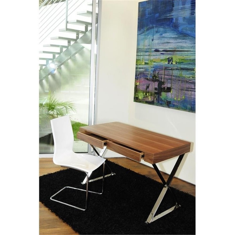 Pangea Home Alexa Modern Wood Veneer & High Polished Steel Desk in Walnut gallery