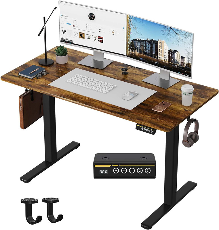 Adjustable Electric Standing Desk 48x24" with Hooks & 3 Height Presets - Brown