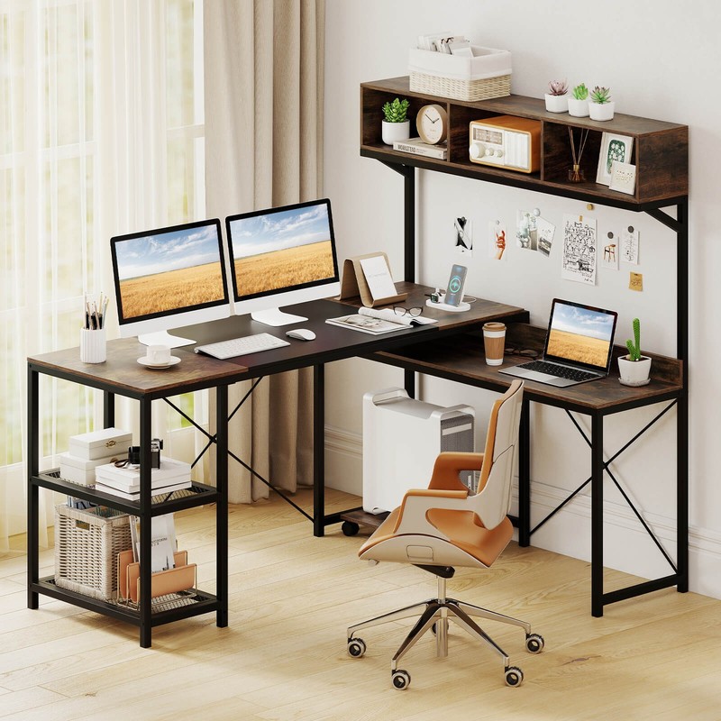 62” Corner Desk with Storage Hutch, Compartments, Shelves & Mobile CPU Stand