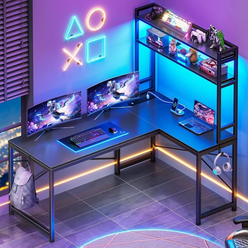 L Shaped Desk, Reversible 45.3″ Corner Desk with LED Lights and Storage Shelves