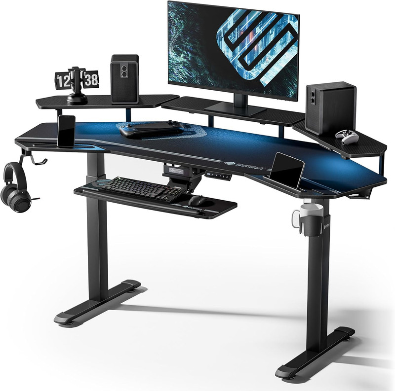 Gaming Desk, Standing Desk W Keyboard Tray, 72" Wing Shaped Music Studio Table w