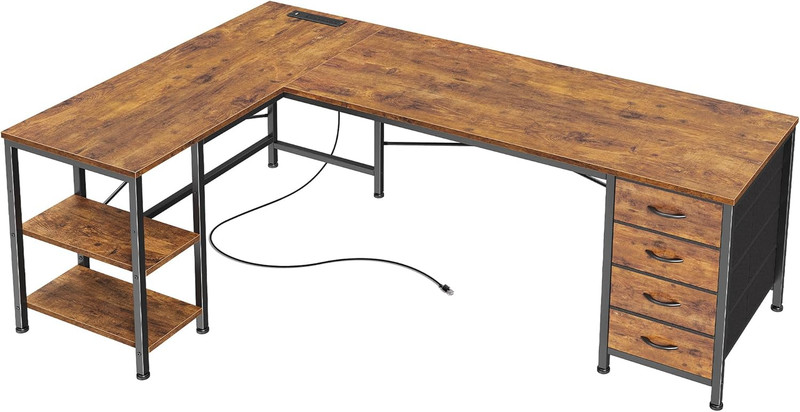 55 Inch L Shaped Desk with Fabric Drawers, Reversible Computer Gaming Desk with