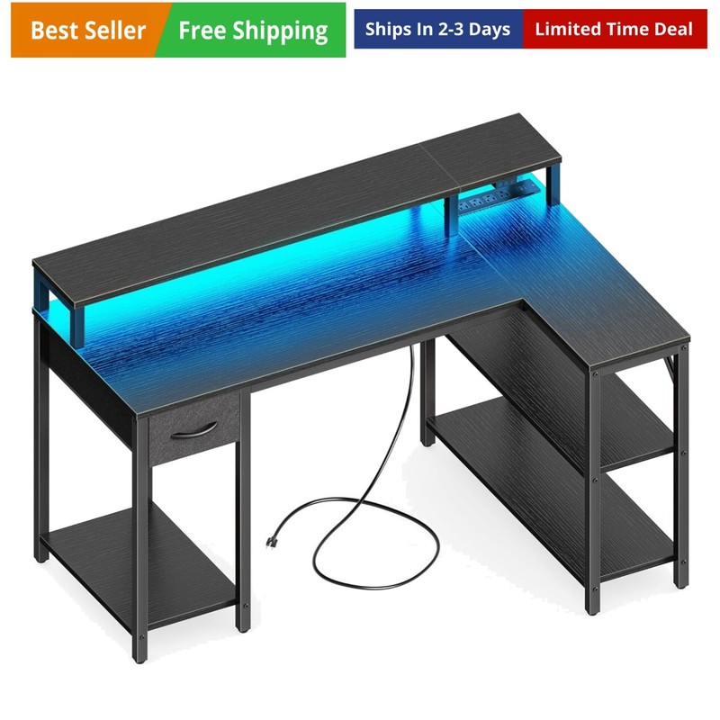 47 inch L Shaped Gaming Desk with LED Lights & Power Outlets, Reversible Comp…