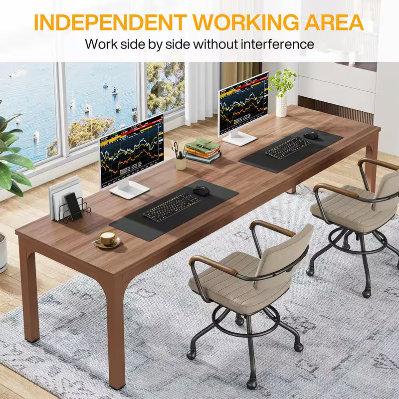 Moronia 78.7In. Rectangle Matte Brown Wooden Extra Long Computer Desk 2 Person D gallery