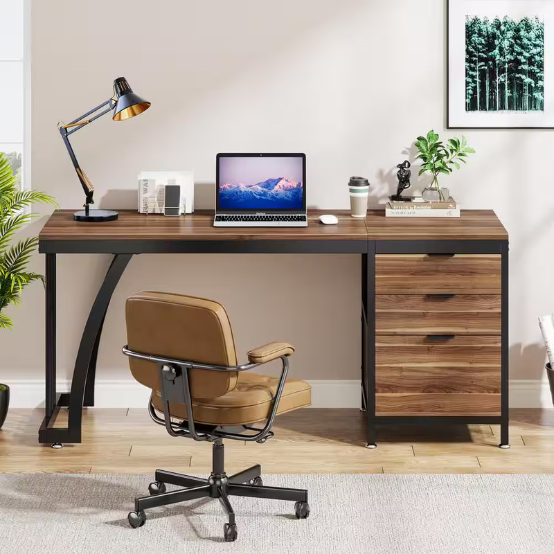 Moronia 59 In. Rectangle Walnut and Black Wood Computer Desk Industrial Study Wr