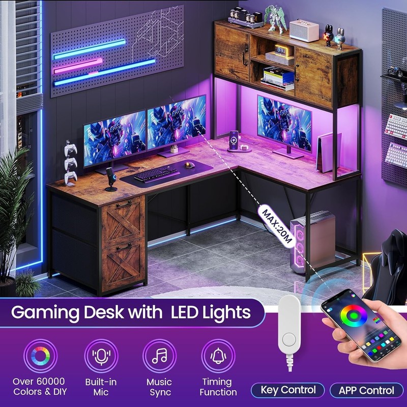 L Shaped Desk with Drawers and LED Lights, 62.2" Home Office Desk with Hutch gallery