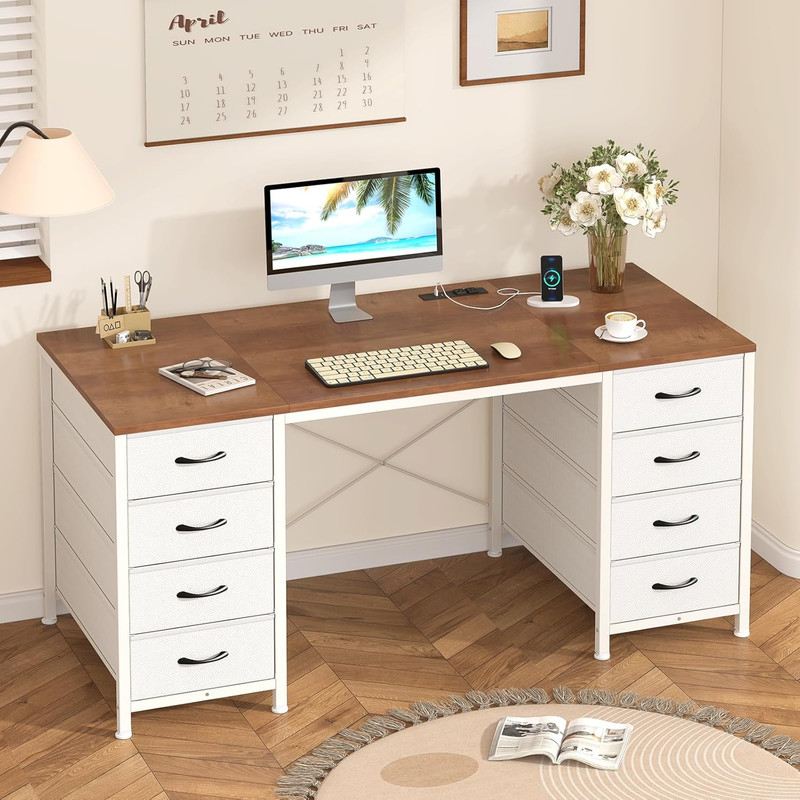 50 Inch Computer Desk with 8 Drawers, Home Office Desk with Power Outlets, Work