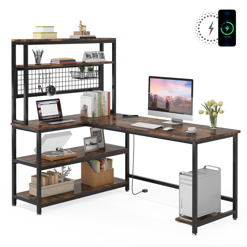 55" Large Computer Desk Office Desk with Wireless Charging and 5 Storage Shelves