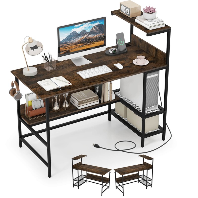 48” Computer Desk w/Power Outlets, Storage Shelves, Headphone Hook for Gaming