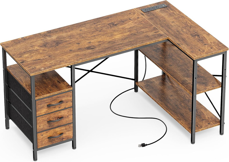 L Shaped Office Desk with Power Outlets, 47 Inch Computer Desk with 3 Drawers, S