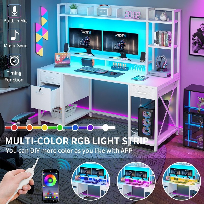 Computer Desk 59in LED Lights Drawers Storage White gallery