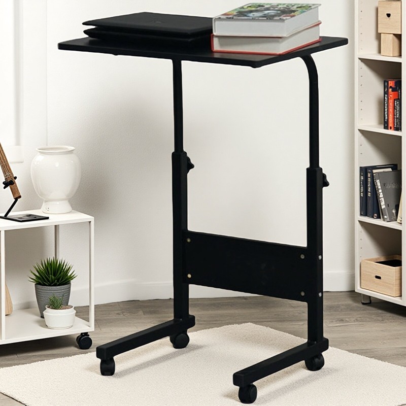 Rolling Laptop Desk – Adjustable Height Steel 23.6″ Top Black Chipboard