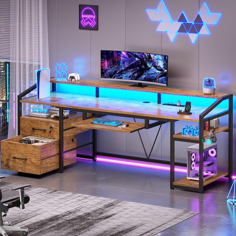 63" Computer Desk with LED Light and Power Outlet, Office Desk with Lock Drawers gallery