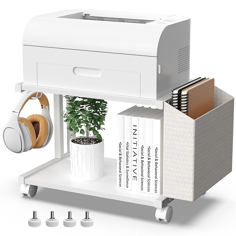 2 Tier Modern White Wooden Under Desk Printer Stand with Storage Bag for Home…