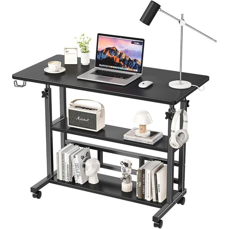 Mobile Adjustable Standing Desk W/ Power Outlets & Storage Caster Wheels New