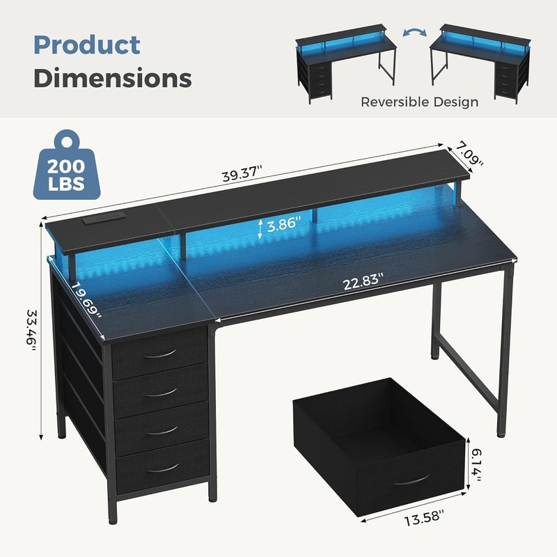 Home Office 40″ 45″ Computer Gaming Desk with 4 Drawers Power Outlets LED Lights