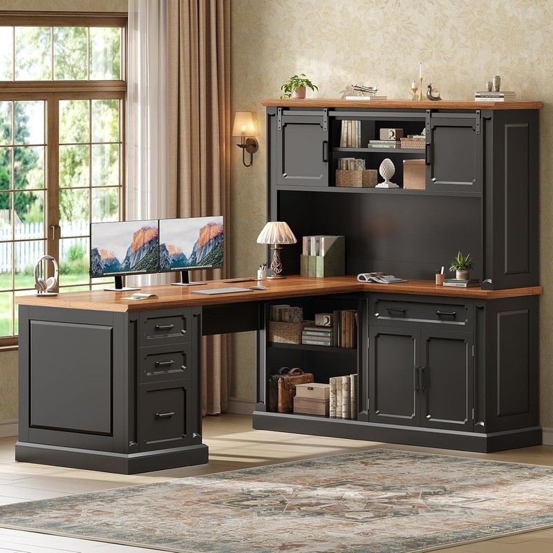 Farmhouse L Shaped Computer Desk with Hutch, 67″ Executive Desk with 4 Drawers