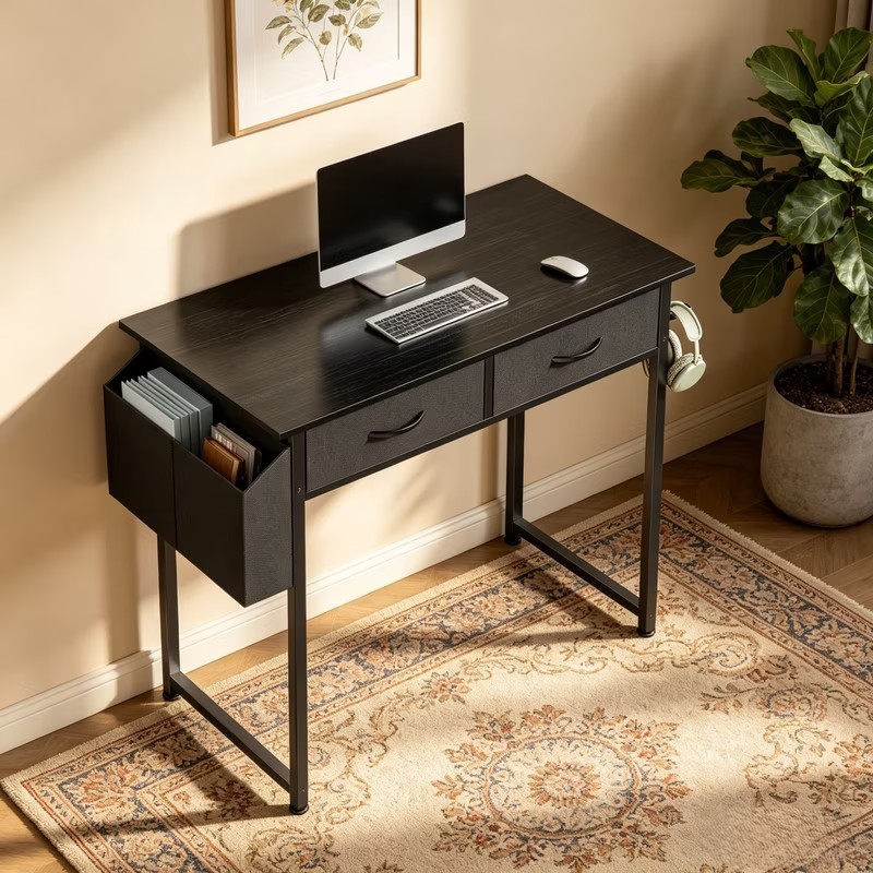32 Inch Computer Desk with Fabric Drawers Storage Bag and Iron Hooks