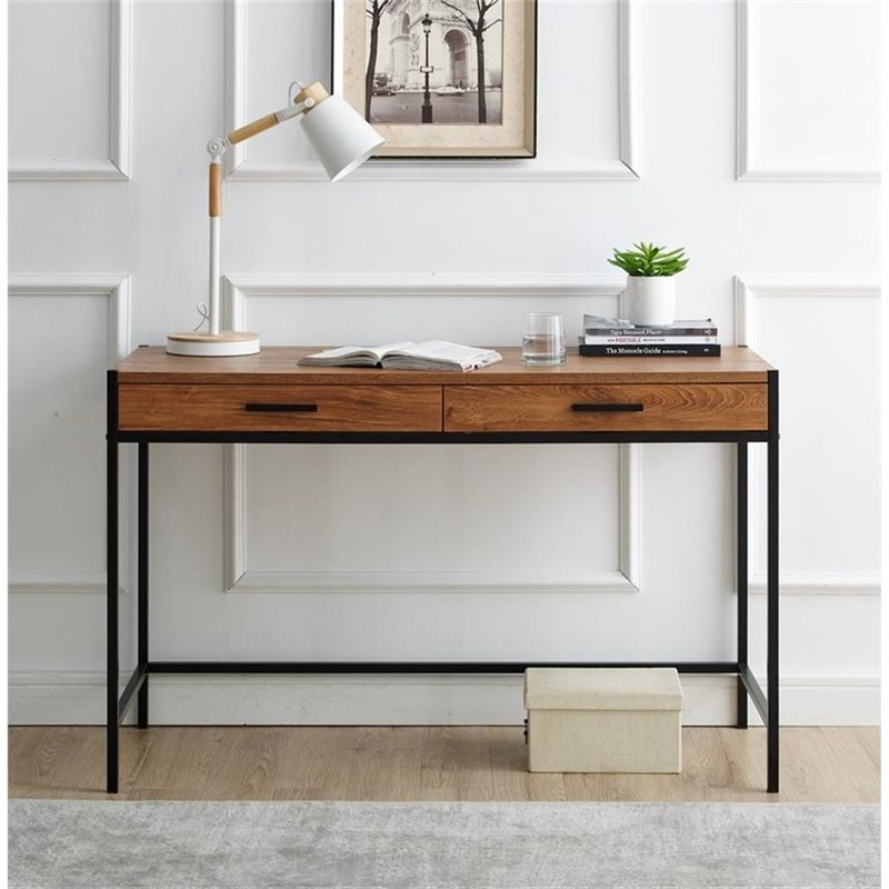 Pemberly Row 2-Drawer Wood/Metal Writing Desk with Shelve in Mahogany Brown gallery